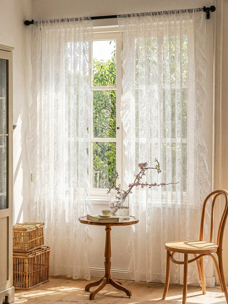 1pc French Country Style Floral Lace Trim Curtain Sheer For Living Room, Bedroom, Dining Room Decor