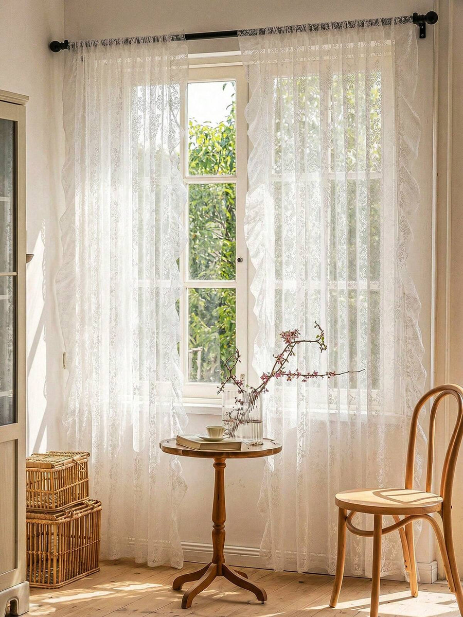1pc French Country Style Floral Lace Trim Curtain Sheer For Living Room, Bedroom, Dining Room Decor