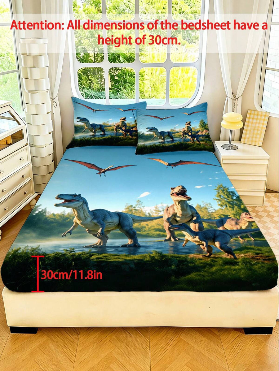 2/3PCS Dinosaur World Printed Bed Sheet Set, Made Of Natural Jurassic Style Polyester Fabric, With Non Slip Elastic Edges, Anti Displacement And Easy Maintenance, Perfect For Decorating Children'S Rooms, Teenagers' Bedrooms